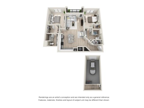A floor plan of a house with a garage and a car.